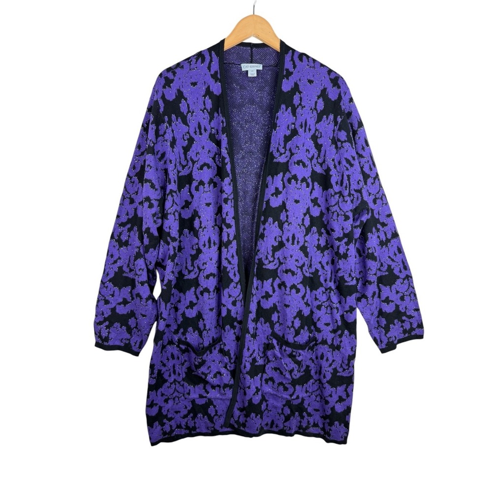 Catherines Abstract Floral Print Open Front Long Cardigan size 2X Purple/Black